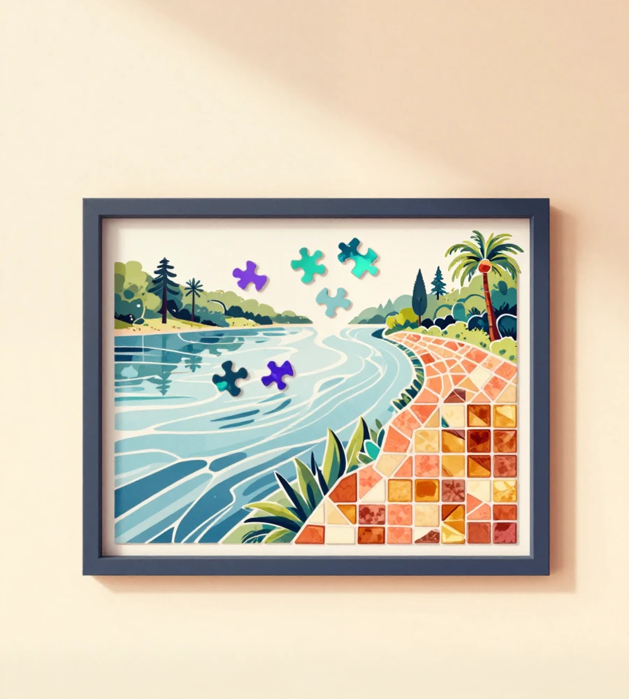 A colorful riverside sign being restored tile by tile